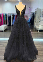 A-line V Neck Sleeveless Long/Floor-Length Lace Prom Dresses With Beading