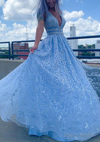 A-line V Neck Sleeveless Long/Floor-Length Lace Tulle Prom Dresses With Beading Sequins