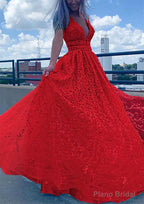 A-line V Neck Sleeveless Long/Floor-Length Lace Tulle Prom Dresses With Beading Sequins