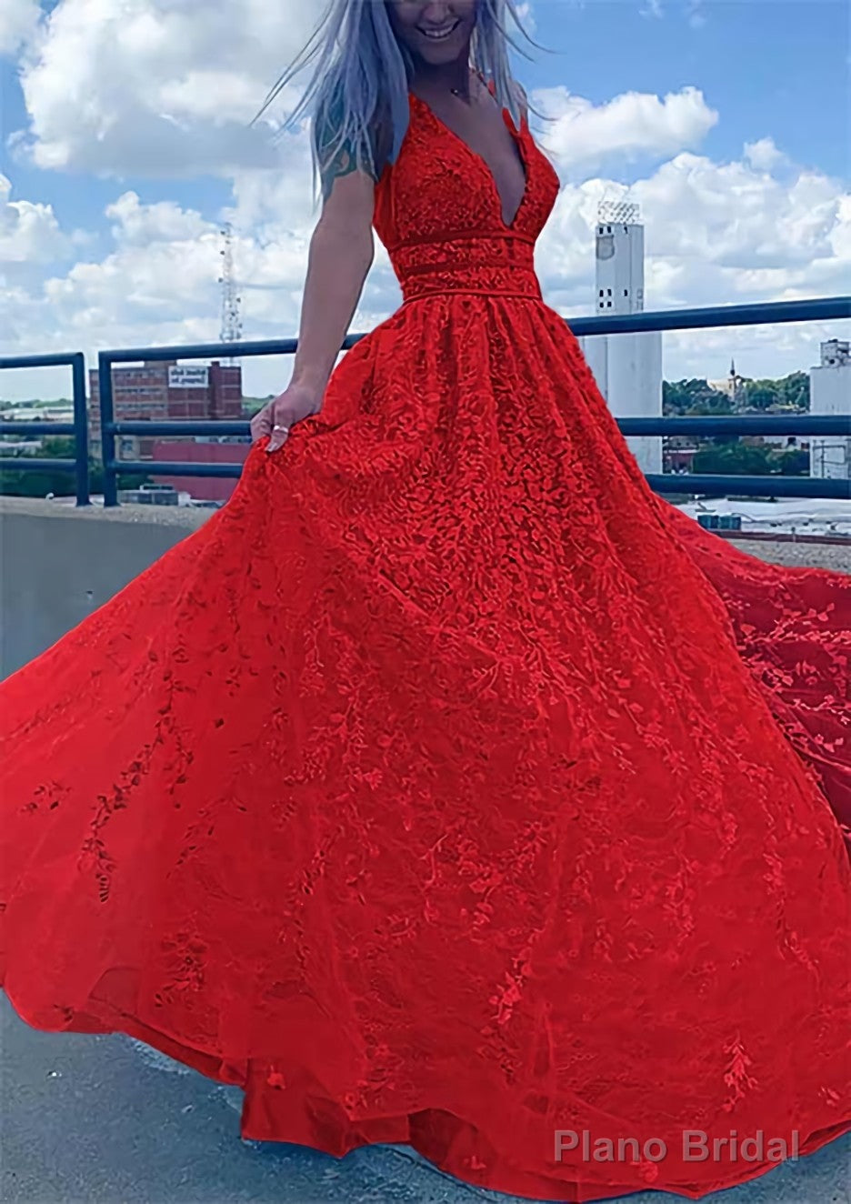 A-line V Neck Sleeveless Long/Floor-Length Lace Tulle Prom Dresses With Beading Sequins