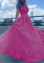 A-line V Neck Sleeveless Long/Floor-Length Lace Tulle Prom Dresses With Beading Sequins