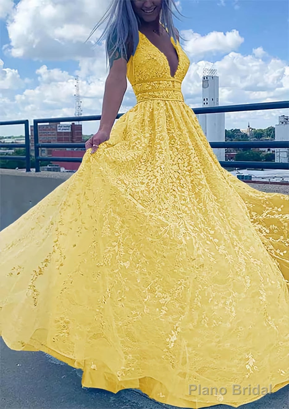 A-line V Neck Sleeveless Long/Floor-Length Lace Tulle Prom Dresses With Beading Sequins