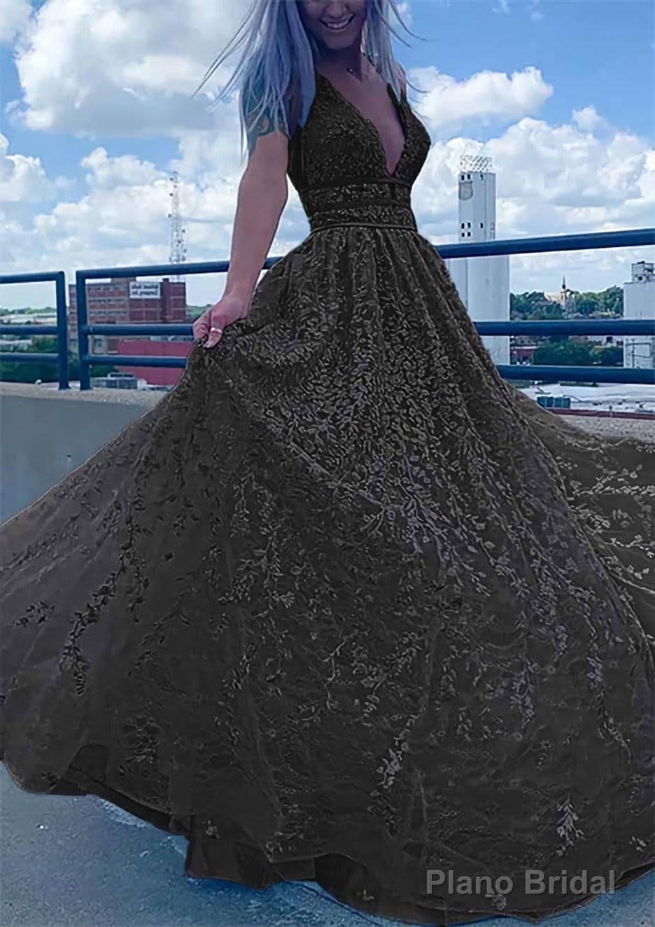 A-line V Neck Sleeveless Long/Floor-Length Lace Tulle Prom Dresses With Beading Sequins