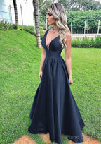 A-line V Neck Sleeveless Long/Floor-Length Satin Prom Dresses With Pleated