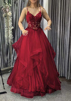 A-line V Neck Sleeveless Long/Floor-Length Tulle Charmeuse Prom Dresses With Appliqued Lace