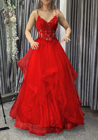 A-line V Neck Sleeveless Long/Floor-Length Tulle Charmeuse Prom Dresses With Appliqued Lace
