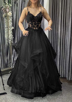 A-line V Neck Sleeveless Long/Floor-Length Tulle Charmeuse Prom Dresses With Appliqued Lace