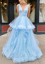 A-line V Neck Sleeveless Long/Floor-Length Tulle Glitter Prom Dresses With Pleated