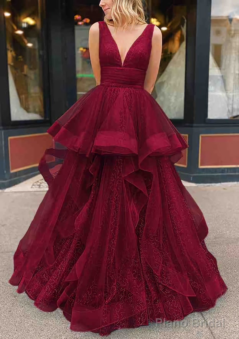 A-line V Neck Sleeveless Long/Floor-Length Tulle Glitter Prom Dresses With Pleated