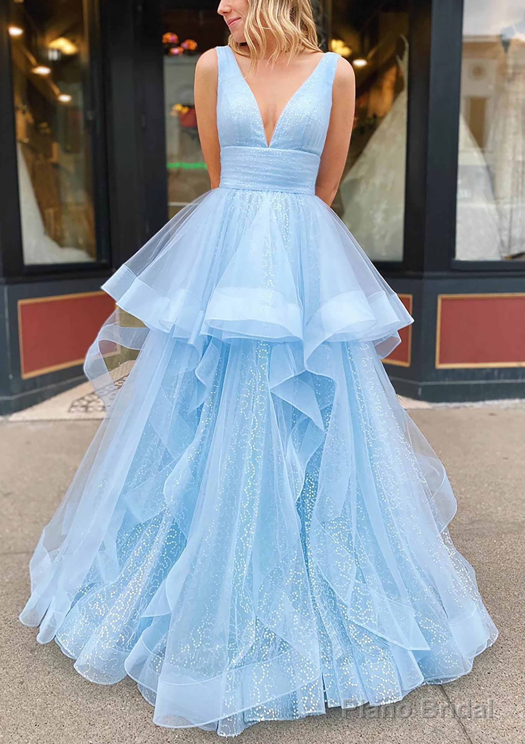 A-line V Neck Sleeveless Long/Floor-Length Tulle Glitter Prom Dresses With Pleated Main image