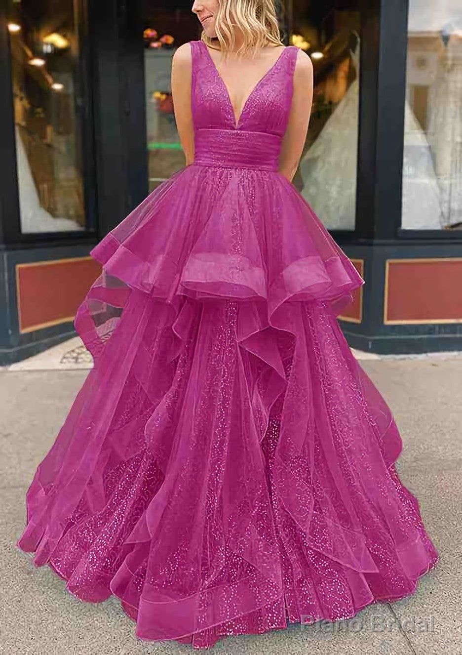 A-line V Neck Sleeveless Long/Floor-Length Tulle Glitter Prom Dresses With Pleated