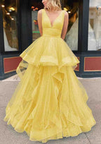 A-line V Neck Sleeveless Long/Floor-Length Tulle Glitter Prom Dresses With Pleated