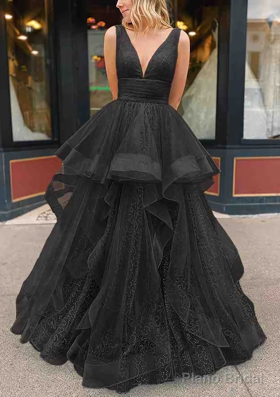 A-line V Neck Sleeveless Long/Floor-Length Tulle Glitter Prom Dresses With Pleated