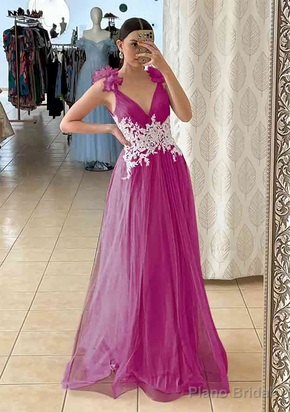 A-line V Neck Sleeveless Long/Floor-Length Tulle Prom Dresses With Appliqued Beading Flowers