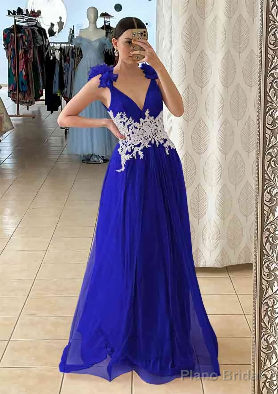 A-line V Neck Sleeveless Long/Floor-Length Tulle Prom Dresses With Appliqued Beading Flowers