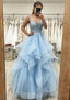 A-line V Neck Sleeveless Long/Floor-Length Tulle Satin Prom Dresses With Lace Appliqued