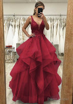 A-line V Neck Sleeveless Long/Floor-Length Tulle Satin Prom Dresses With Lace Appliqued