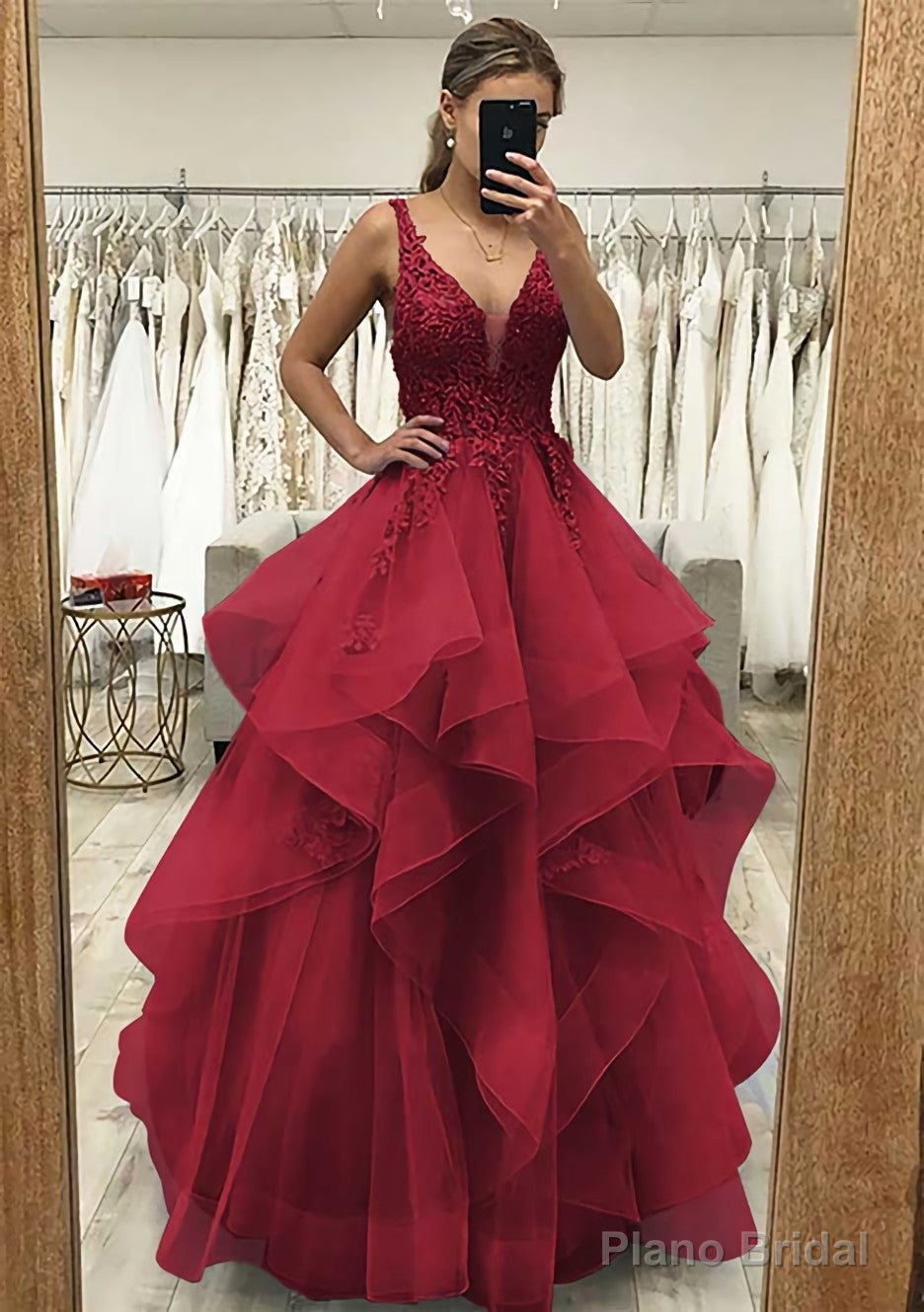 A-line V Neck Sleeveless Long/Floor-Length Tulle Satin Prom Dresses With Lace Appliqued