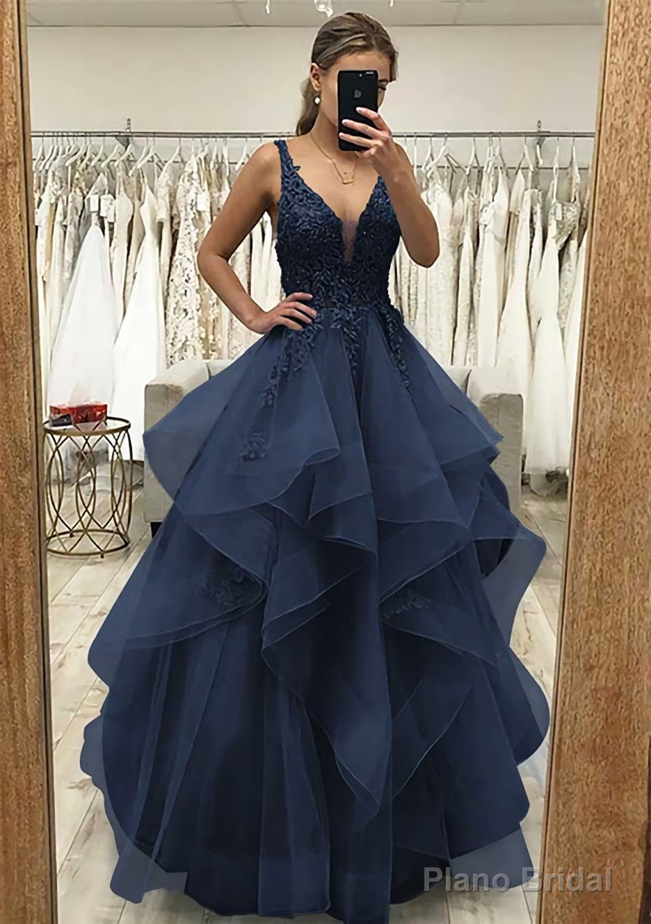 A-line V Neck Sleeveless Long/Floor-Length Tulle Satin Prom Dresses With Lace Appliqued Secondary image