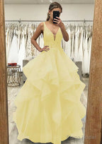 A-line V Neck Sleeveless Long/Floor-Length Tulle Satin Prom Dresses With Lace Appliqued