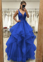 A-line V Neck Sleeveless Long/Floor-Length Tulle Satin Prom Dresses With Lace Appliqued