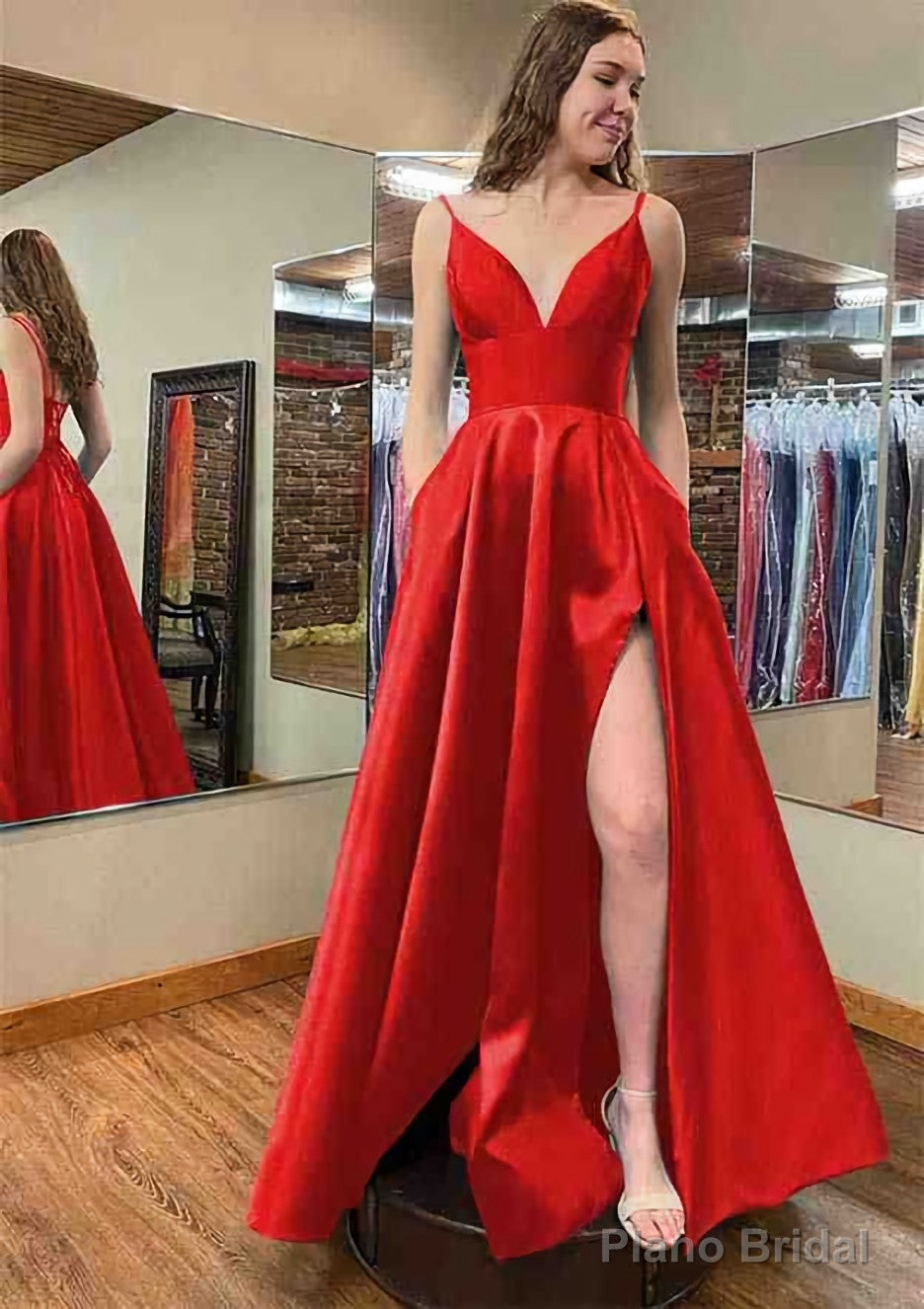 A-line V Neck Sleeveless Satin Long/Floor-Length Prom Dresses With Pockets Split