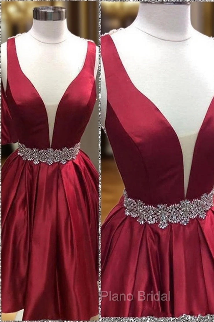 A-line V Neck Sleeveless Satin Short/Mini Homecoming Dresses With Beading Bandage