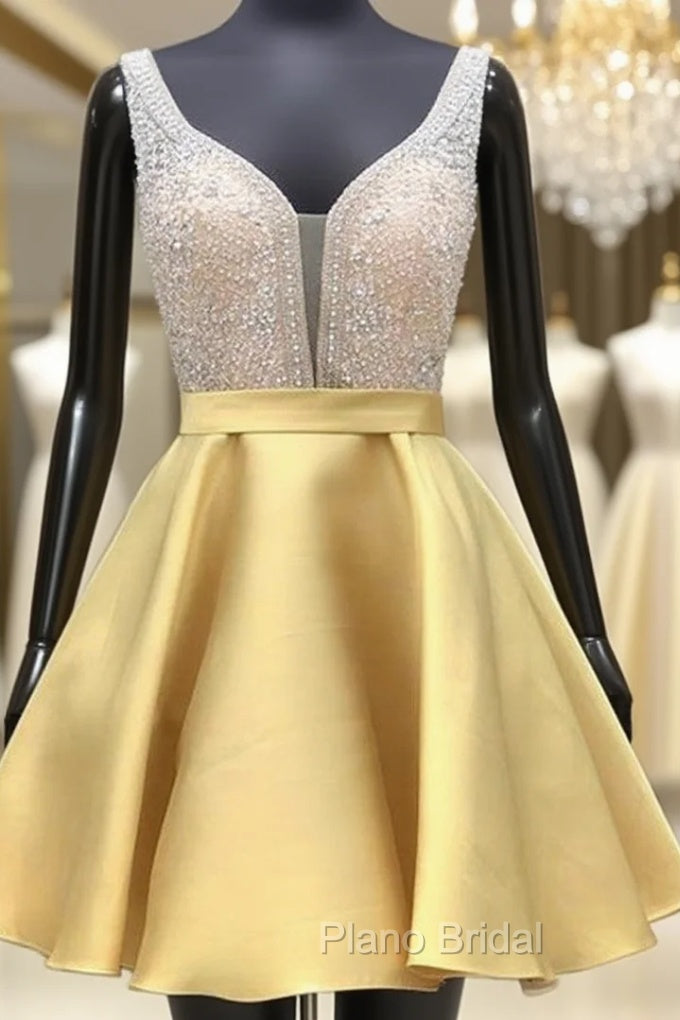 A-line V Neck Sleeveless Satin Short/Mini Homecoming Dresses With Beading Sequins Main image