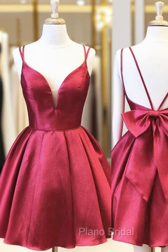 A-line V Neck Sleeveless Satin Short/Mini Homecoming Dresses With Bowknot Main image