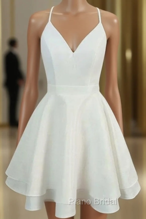 A-line V Neck Sleeveless Satin Short/Mini Homecoming Dresses With Lace