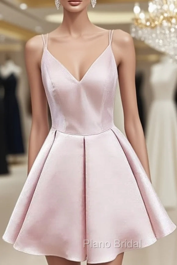 A-line V Neck Sleeveless Satin Short/Mini Homecoming Dresses With Ruffles Main image