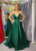 A-line V Neck Sleeveless Satin Sweep Train Prom Dresses With Beading