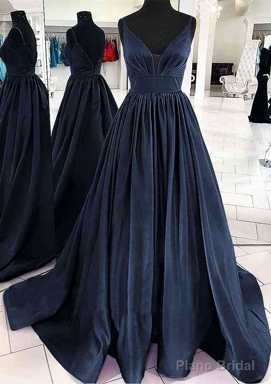 A-line V Neck Sleeveless Satin Sweep Train Prom Dresses With Pleated Secondary image