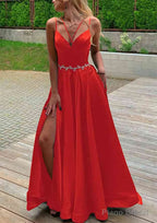 A-line V Neck Sleeveless Satin Sweep Train Prom Dresses With Pockets Waistband Split