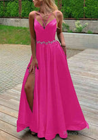 A-line V Neck Sleeveless Satin Sweep Train Prom Dresses With Pockets Waistband Split