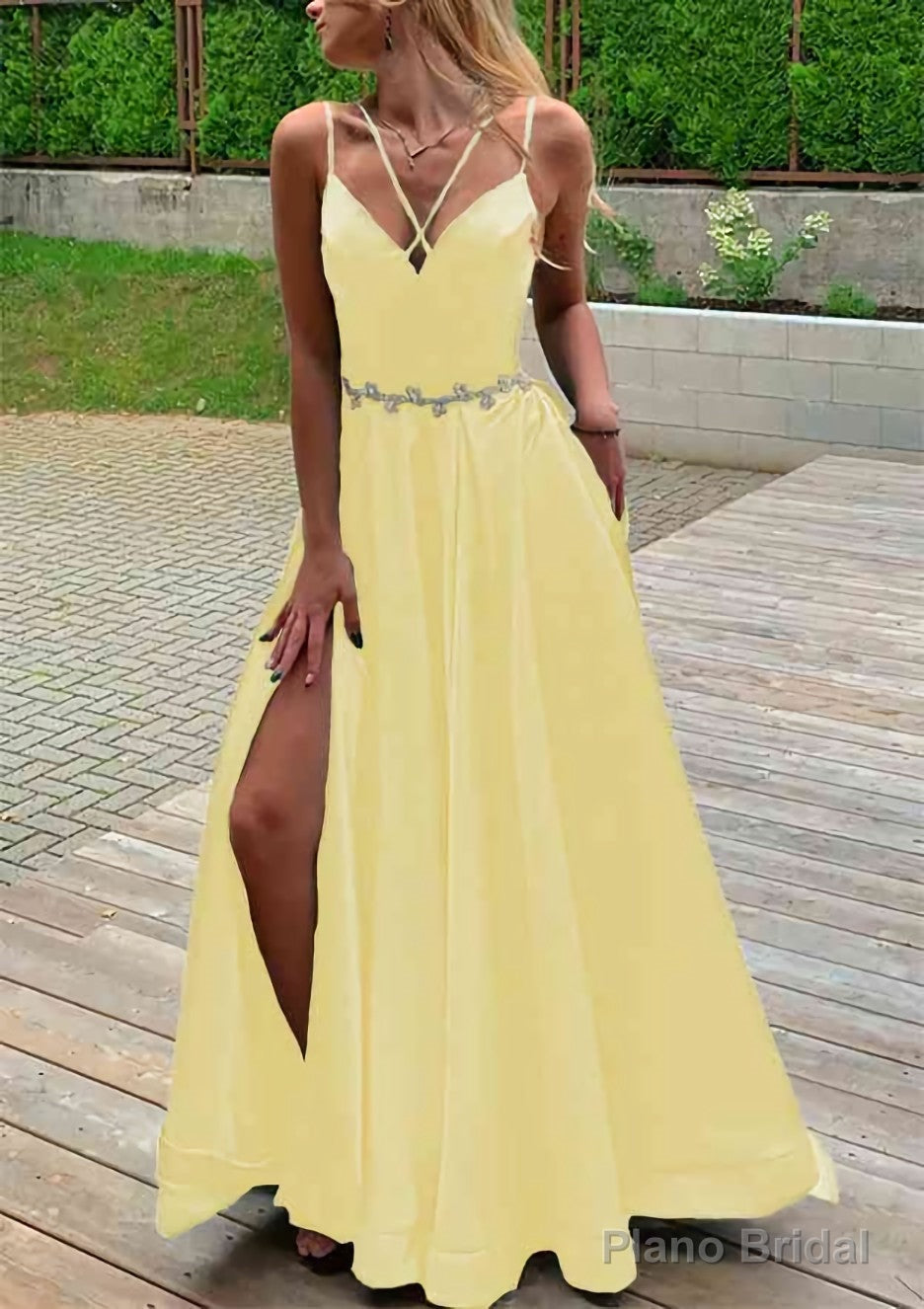 A-line V Neck Sleeveless Satin Sweep Train Prom Dresses With Pockets Waistband Split