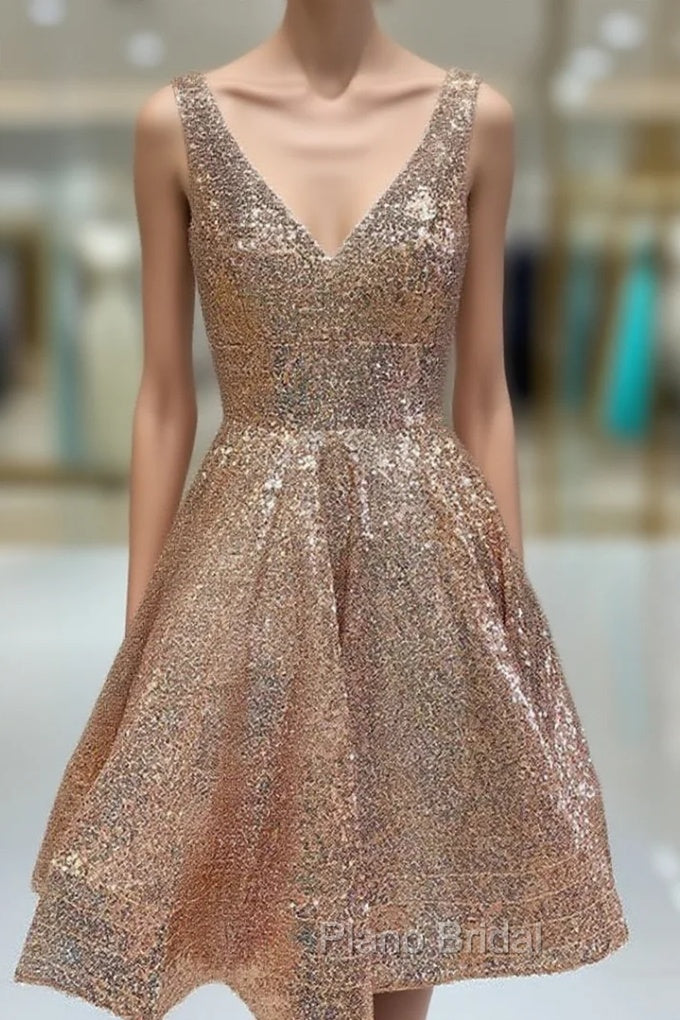 A-line V Neck Sleeveless Sequined Knee-Length Homecoming Dresses