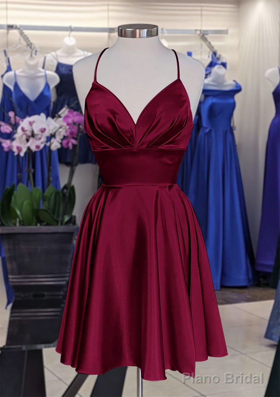 A-line V Neck Sleeveless Short/Mini Charmeuse Homecoming Dresses with Pleated