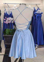 A-line V Neck Sleeveless Short/Mini Charmeuse Homecoming Dresses with Pleated