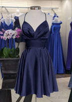 A-line V Neck Sleeveless Short/Mini Charmeuse Homecoming Dresses with Pleated