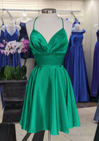 A-line V Neck Sleeveless Short/Mini Charmeuse Homecoming Dresses with Pleated