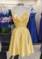 A-line V Neck Sleeveless Short/Mini Charmeuse Homecoming Dresses with Pleated