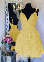 A-line V Neck Sleeveless Short/Mini Tulle Homecoming Dresses with Appliqued Beading