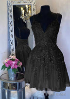 A-line V Neck Sleeveless Short/Mini Tulle Homecoming Dresses with Appliqued Beading