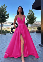 A-line V Neck Sleeveless Sweep Train Satin Prom Dresses