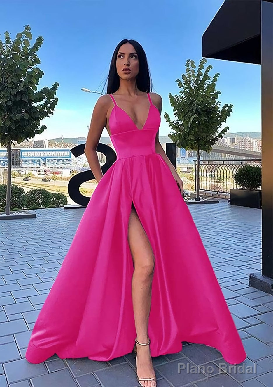 A-line V Neck Sleeveless Sweep Train Satin Prom Dresses