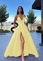A-line V Neck Sleeveless Sweep Train Satin Prom Dresses