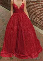 A-line V Neck Sleeveless Sweep Train Sequined Prom Dresses with Pockets