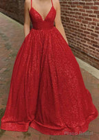 A-line V Neck Sleeveless Sweep Train Sequined Prom Dresses with Pockets