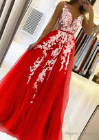 A-line V Neck Sleeveless Sweep Train Tulle Prom Dresses With Beading Lace